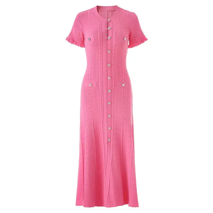 Robe midi élégante de style français à manches courtes en maille côtelée