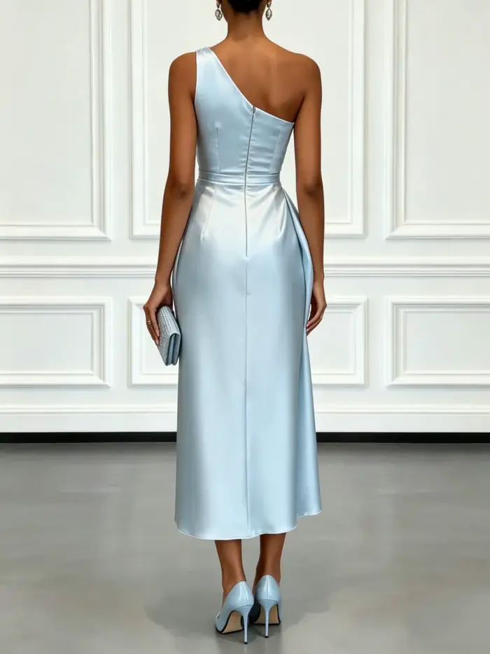 Robe midi en satin à une épaule avec taille froncée