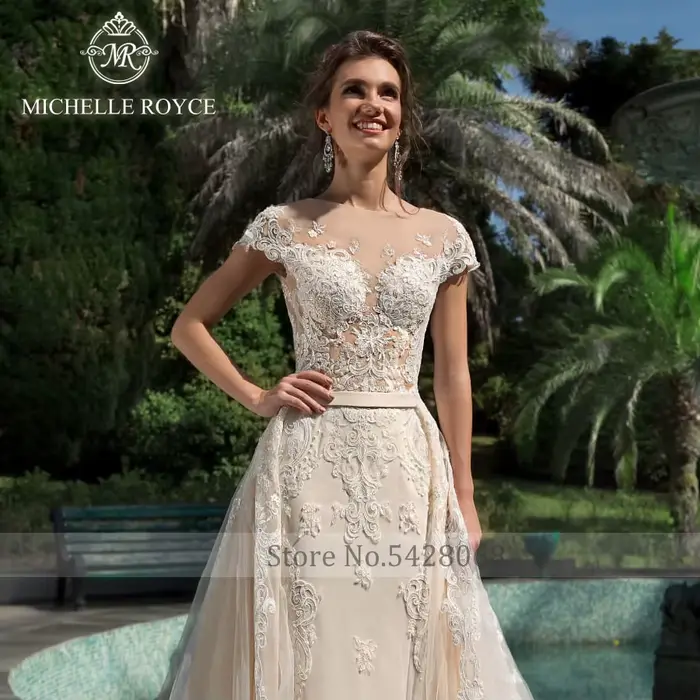 Robe de mariée Michelle Royce moderne avec train détachable, décolleté cuillère, broderie et dentelle, pour femmes enceintes et occasions spéciales