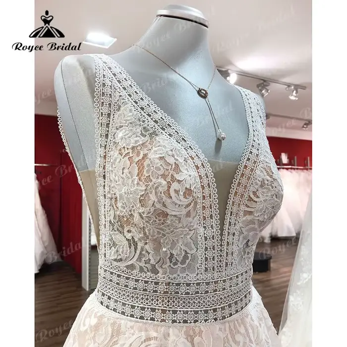 Robe de mariée vintage bohème champagne avec appliques en dentelle et col en V pour femmes - occasion mariage civil ou festive ```