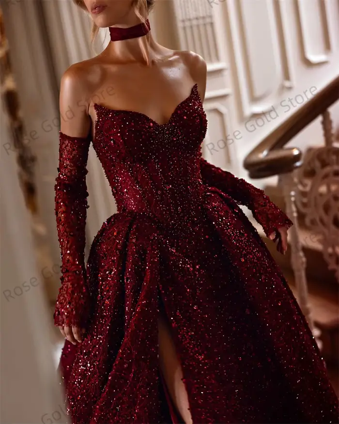 Robe de soirée à paillettes exquise avec perles rouges vin, décolleté Mon Amour, tulle pailleté, train de balayage, soutien-gorge intégré pour femmes toutes tailles occasions spéciales
