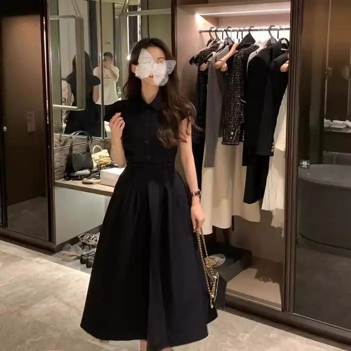 Robe française noire longue couchée à la taille pour femmes, à la mode et élégante, manches ajustées, sergé de couleur Pure, texturée