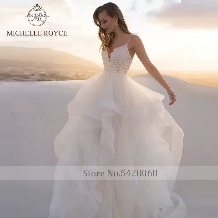 Michelle Royce a-ling robes De mariée Sexy col en v profond à plusieurs niveaux croisé dos nu chapelle Train