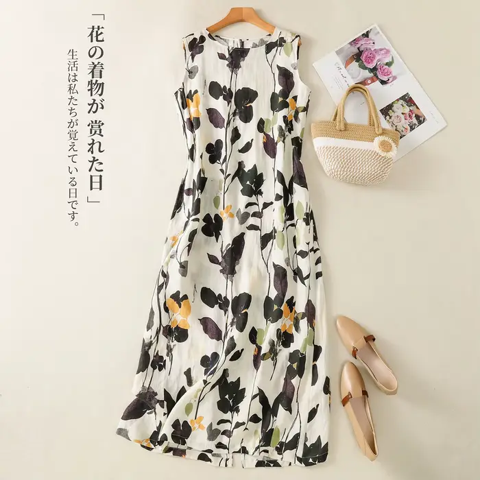 Robe sans manches à col rond imprimée en coton et lin pour femme