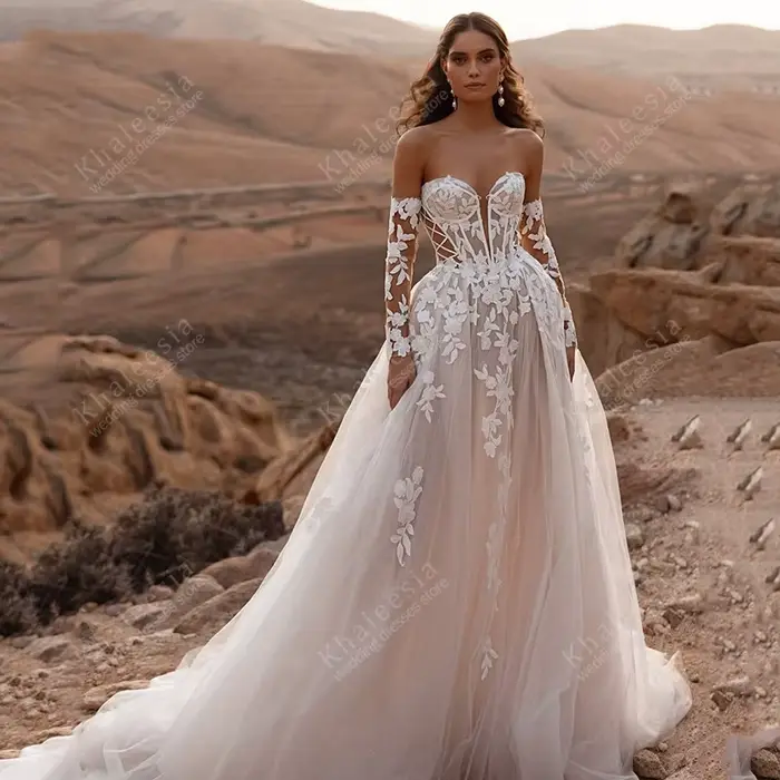 Robes de mariée vintage élégantes, robes de mariée sans bretelles, dos nu, robes en dentelle avec ap