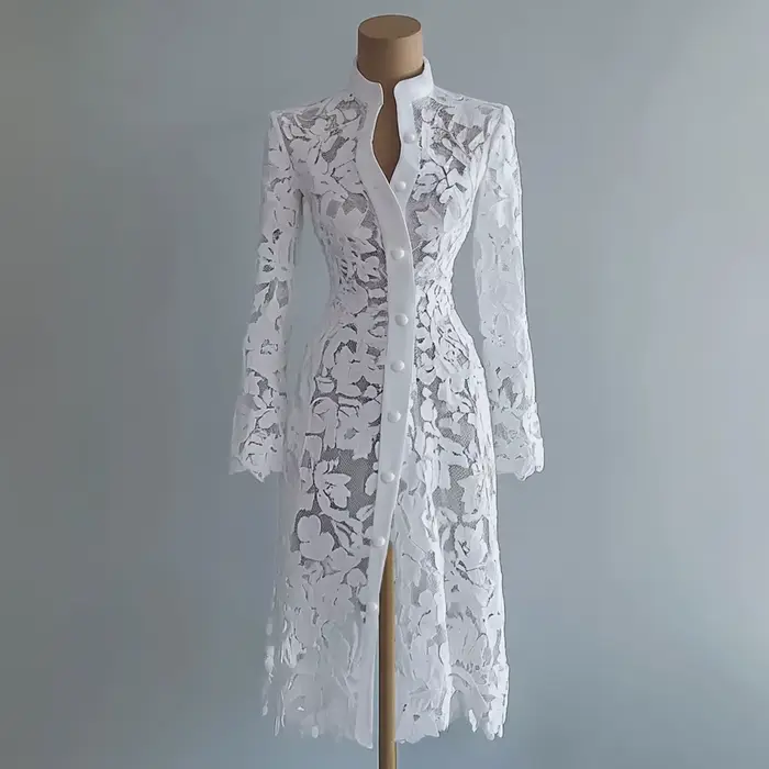 Robe en dentelle avec col montant et volants pour femmes, style American Retro, pour les occasions spéciales automnales et hivernales ```
