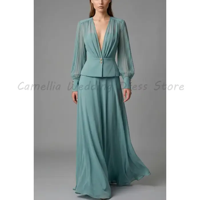 Robe de soirée formelle à col en V, haut plissé à manches longues en mousseline, pantalon long taill