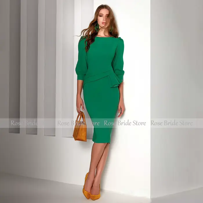 Robe courte invitée mariage longueur genou manches trois quarts gaine colonne robe cocktail col bateau volants vert quelle que soit occasion spéciale pour femme