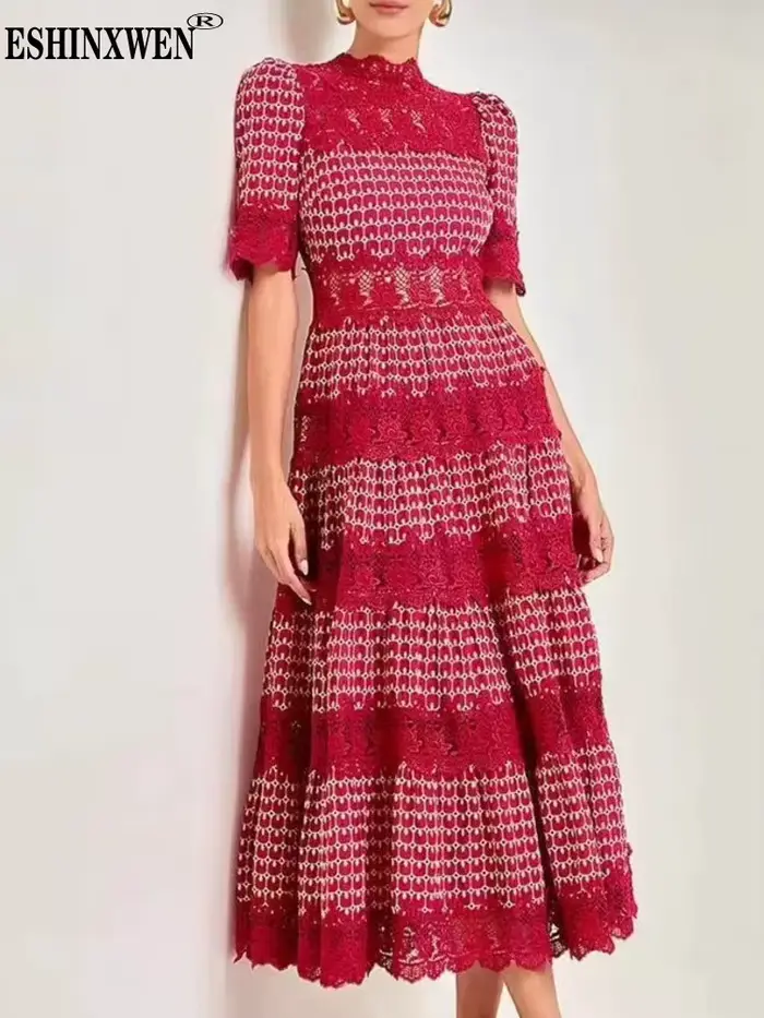 Eshin Style élégant 2025 été nouveau Chic dames robe mi-longue rouge avec manches courtes motif Unique détail fluide à plusieurs niveaux TH9652