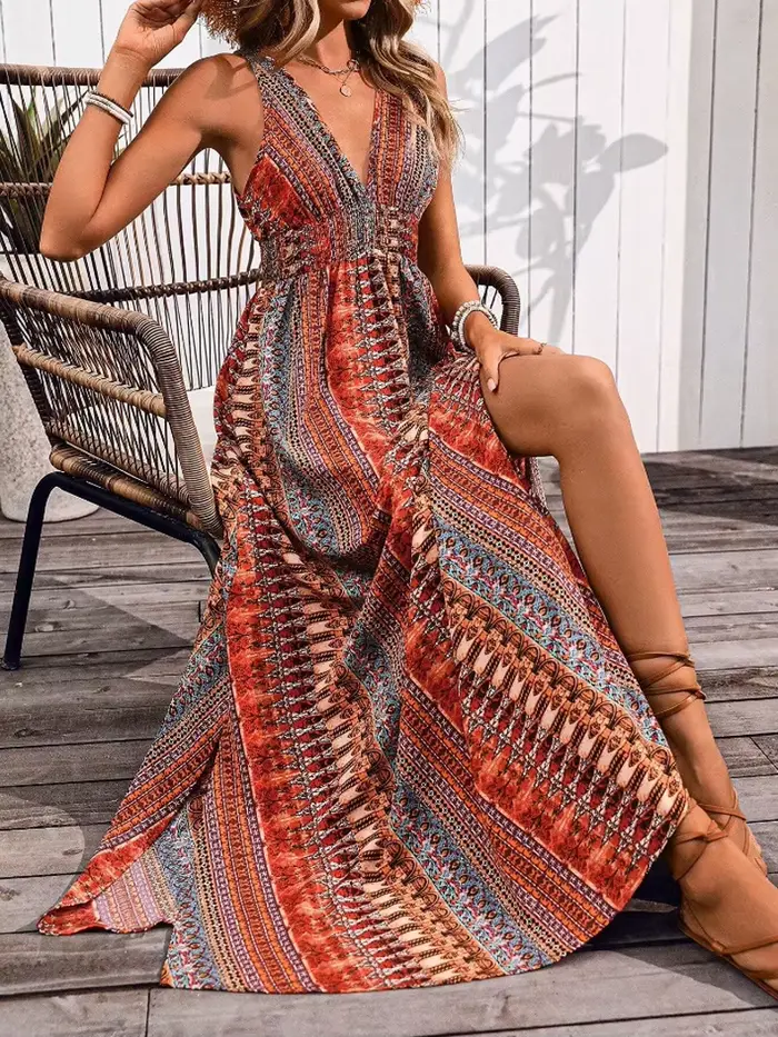 Robe de plage élégante pour femmes imprimée col en V sans manches longueur au sol pour les soirées estivales