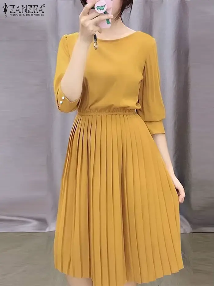 Robe d'été ZANZEA en polyester décontractée avec volants pour femmes, occasionnelle et quotidienne, couleurs jaune, rose, vert armée, taille S à XXXL