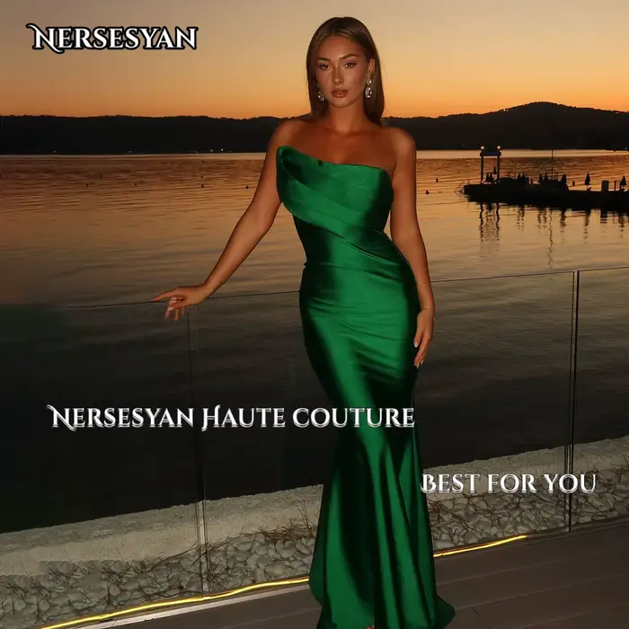 Nersesyan – robe de soirée sirène vert émeraude, en Satin, épaules dénudées, robe formelle moulante 