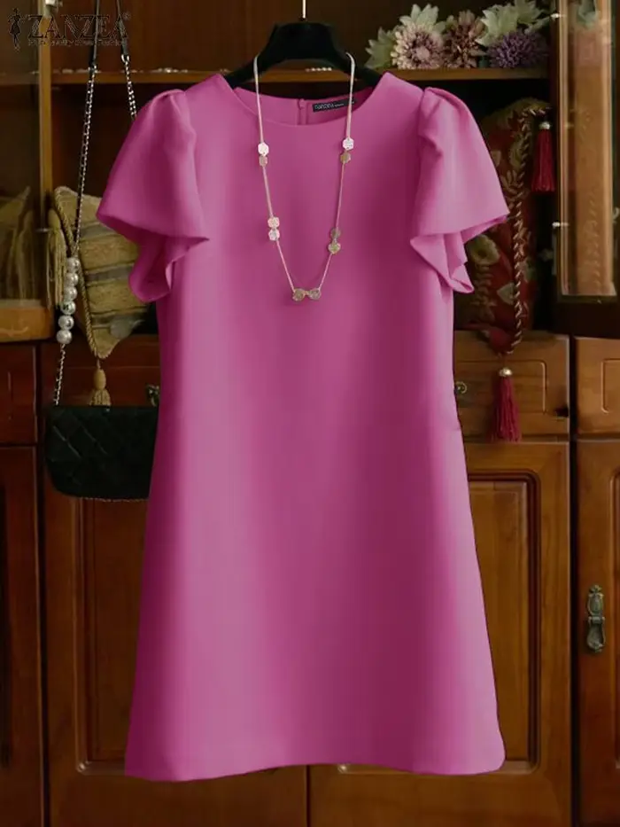 ZANZEA femmes Vintage Robe unie mode manches à volants Mini