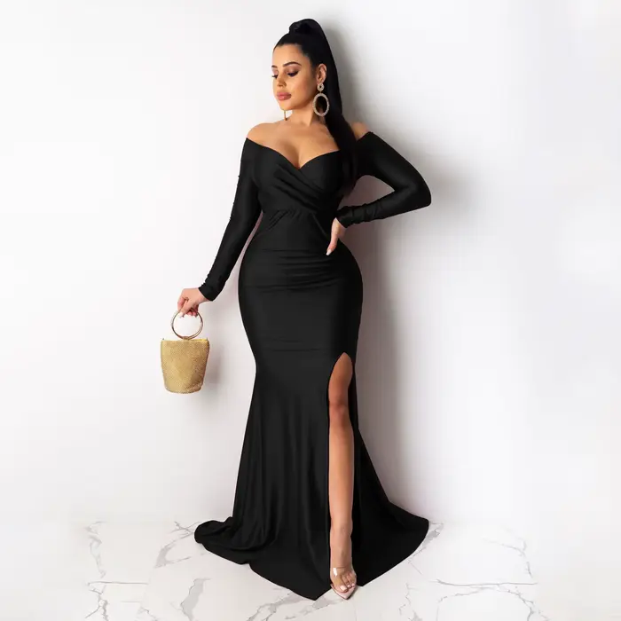 Robe de soirée élégante pour femmes, manches longues, col en V, fente haute, Maxi, taille haute, Cor