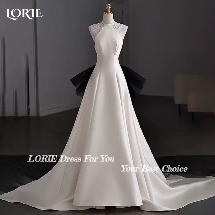 LORIE Vintage perles robes de mariée licou brillant Satin a-ligne ivoire robe