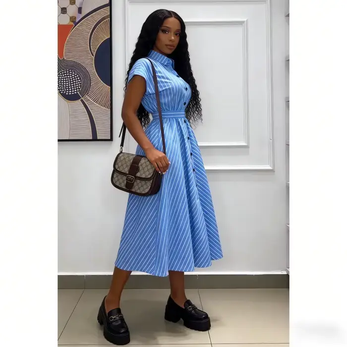 Robe longue femme coupe trapèze col rabattu manches courtes rayée élégante simple boutonnage polyester pour le travail printemps occasions spéciales
