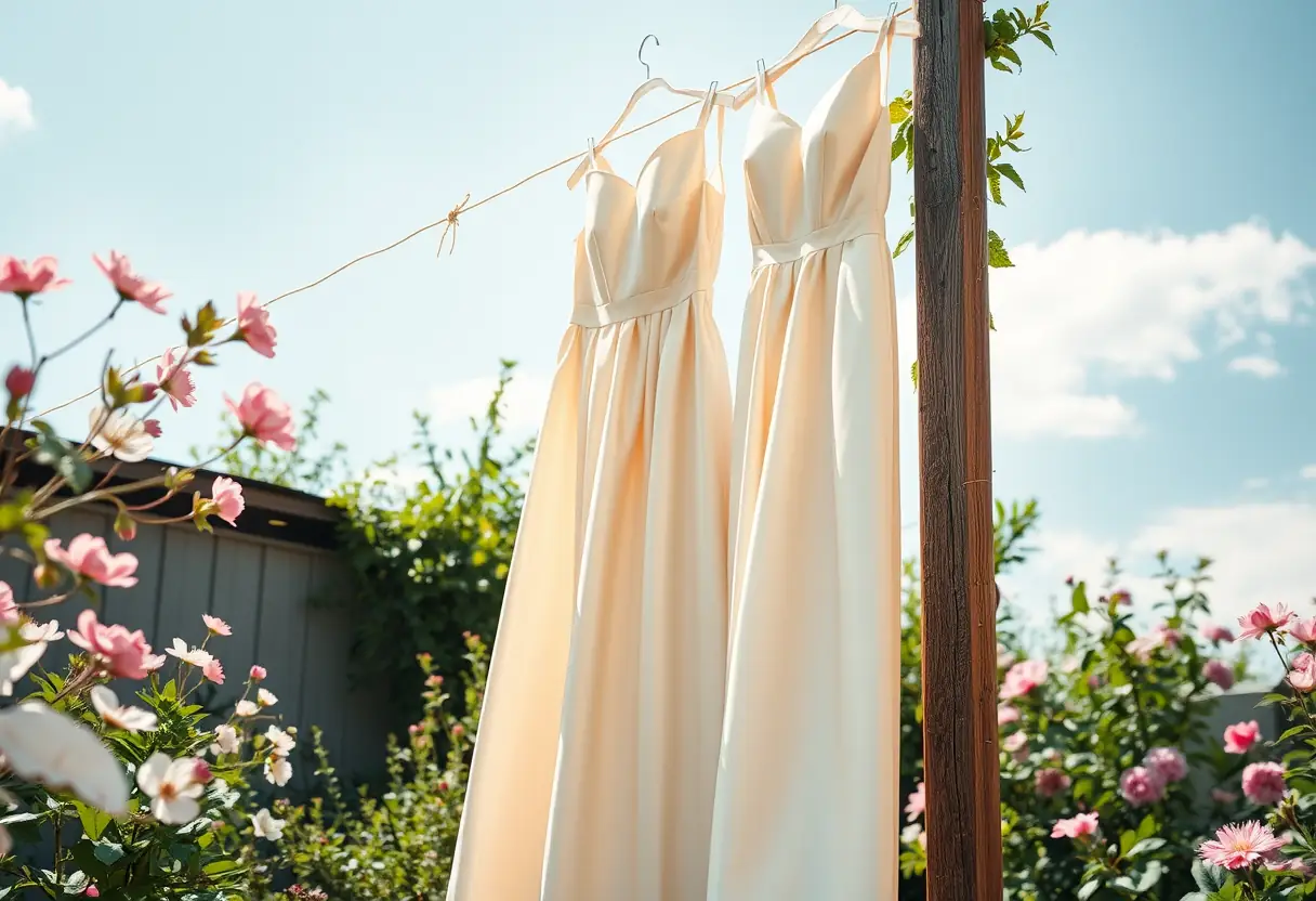 Une robe en satin beige pendue sur une corde à linge extérieure, entourée de fleurs en fleur