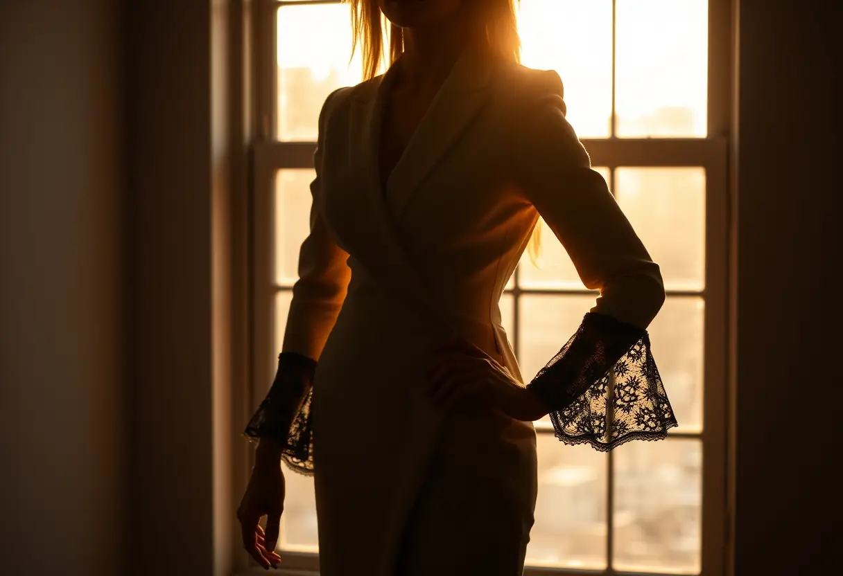 Silhouette d'une femme devant une fenêtre, sa robe blazer moderne révélant ses détails complexes