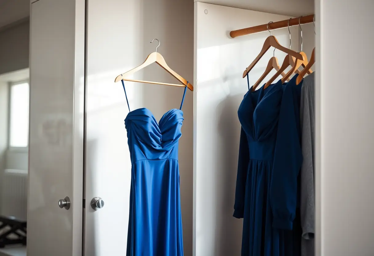 Une penderie bien éclairée montrant une robe bleue de soirée pliée, guide sur les robes bleues