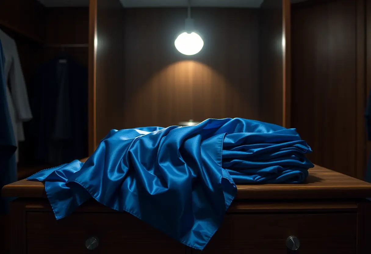 Des foulards en soie bleue pliés sur un meuble de toilette dans une cabine d’essayage