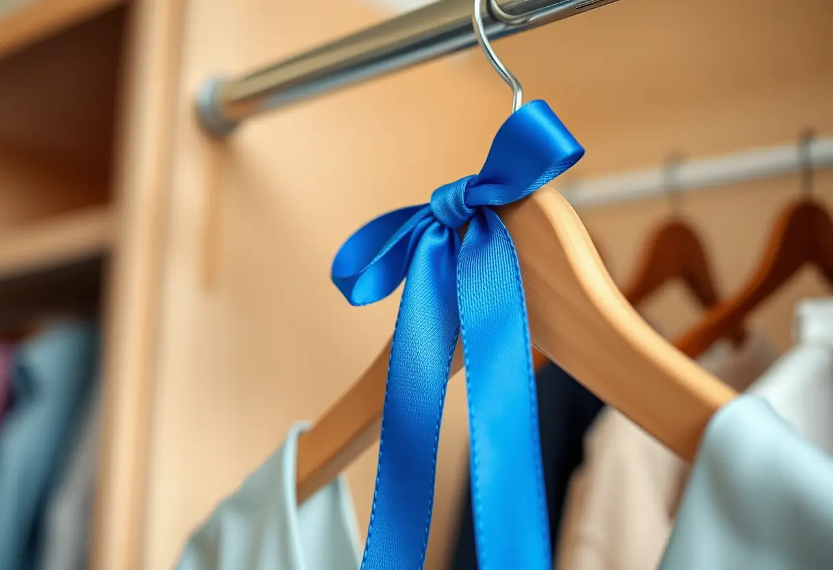 Ruban bleu noué autour d'un cintre dans une cabine de  dressingroom