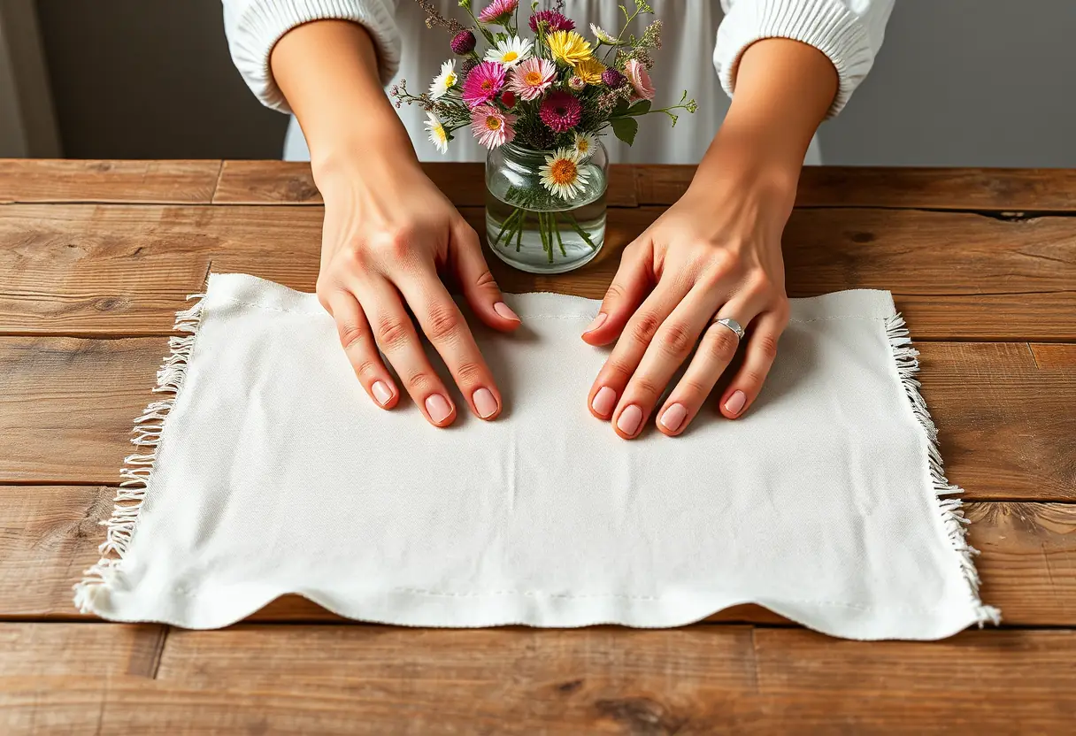 Des mains qui étalent un échantillon de tissu sur une table en bois rustique avec des fleurs sauvages au fond