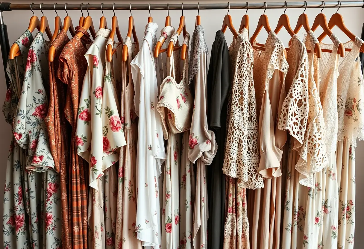 Vue aérienne d'une penderie remplie de robes bohèmes chic aux motifs variés et détails en dentelle.