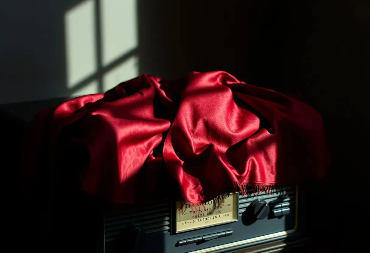 Un foulard rouge foncé posé sur un phonographe ancien dans une pièce sombre