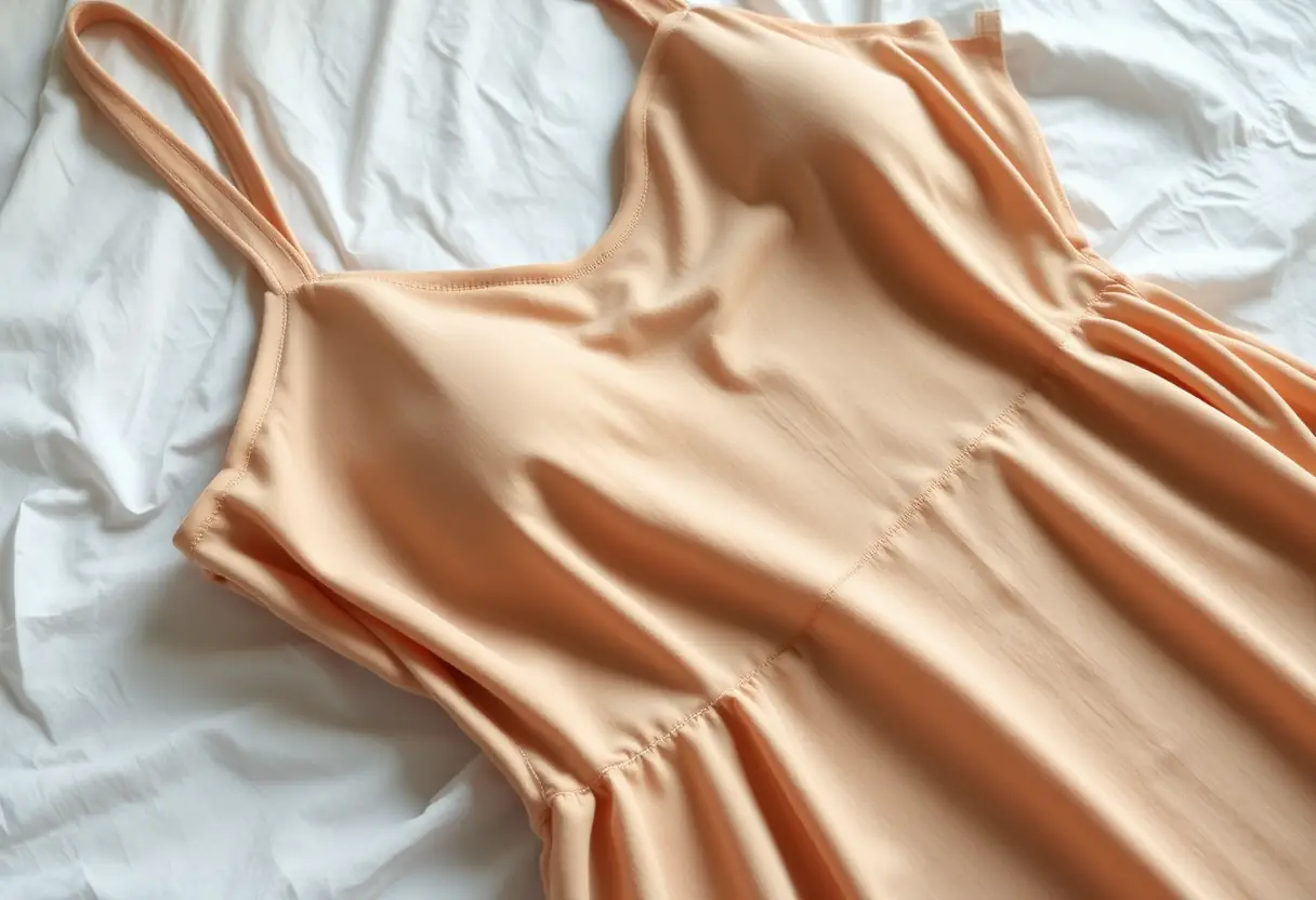 Vue rapprochée d'une robe bustier en jersey posée sur un drap blanc