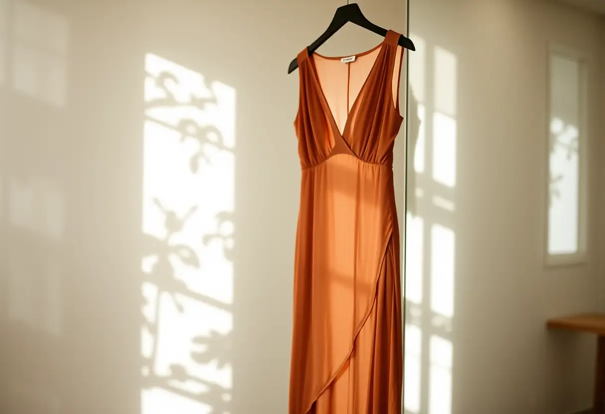 Robe de cocktail en mousseline de soie accrochée dans une cabine de