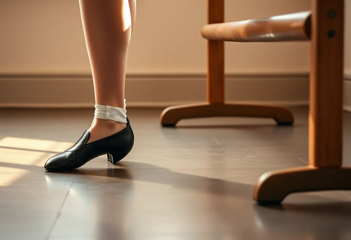 Des chaussures de danse posées près d'une barre d'entrainement