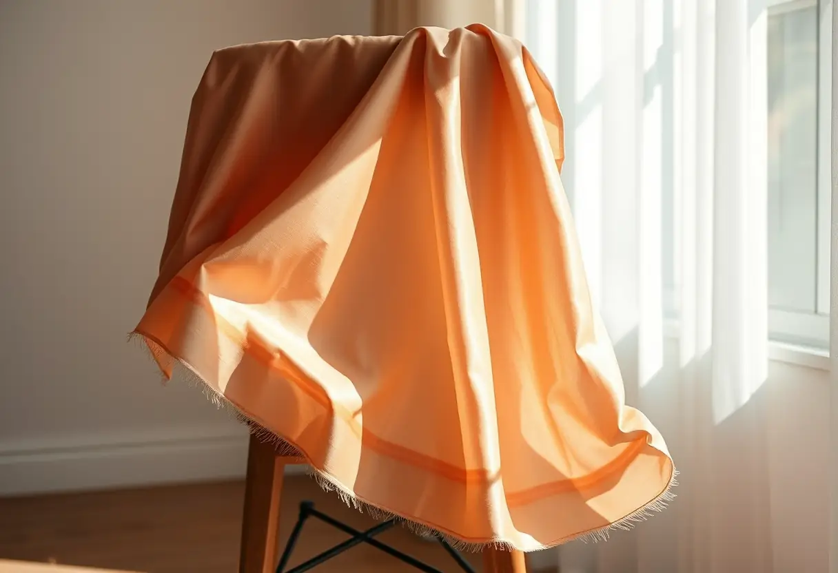 Écharpe en soie posée sur une chaise, sa trame fine captant la lumière du jour, soulignant sa texture et ses motifs subtils