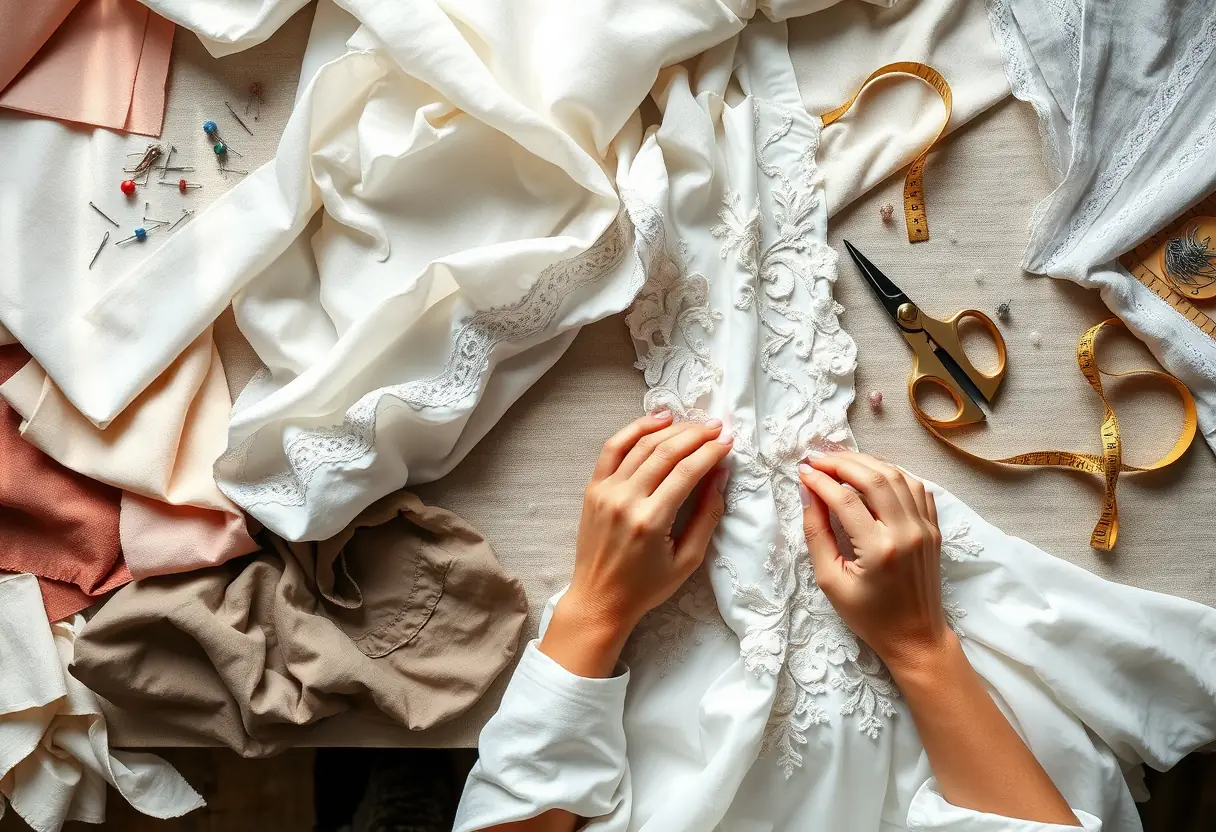Un atelier de couture avec des échantillons de tissus et une robe de mariée en cours de confection