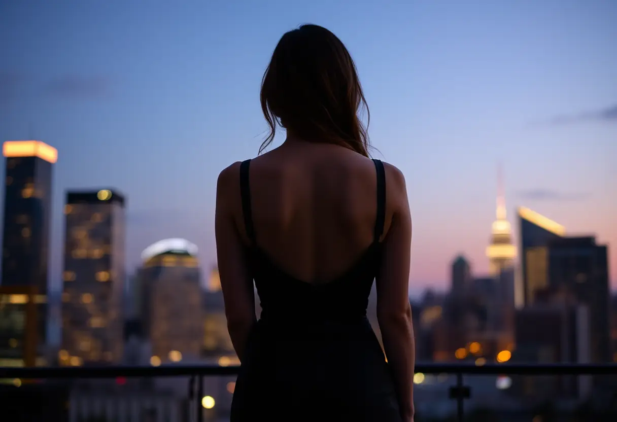 Vue du dos d'une femme portant une robe corset noire avec un décolleté plongeant et un dos ouvert, devant un panorama urbain