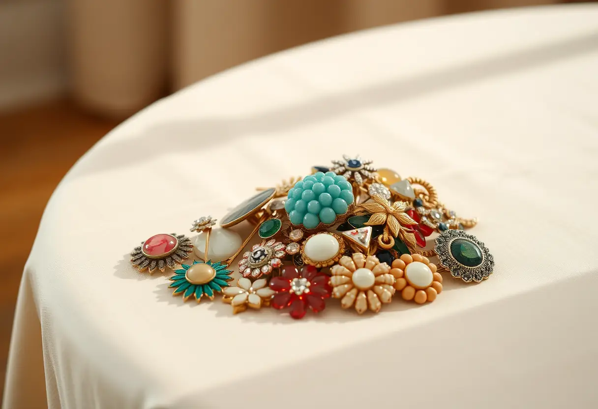 Broches colorées sur un linge de table crème