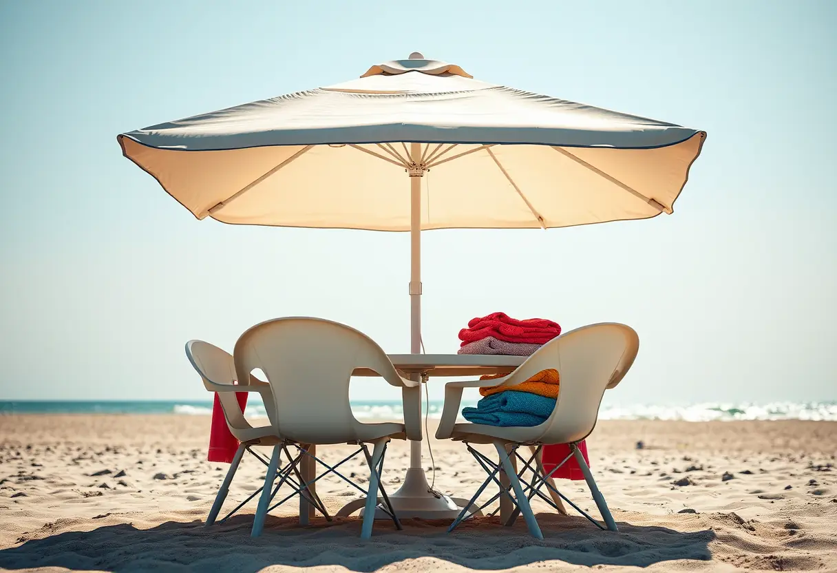 Ombrelle de plage projetant une ombre sur une table avec des chaises légères et des serviettes de bain colorées