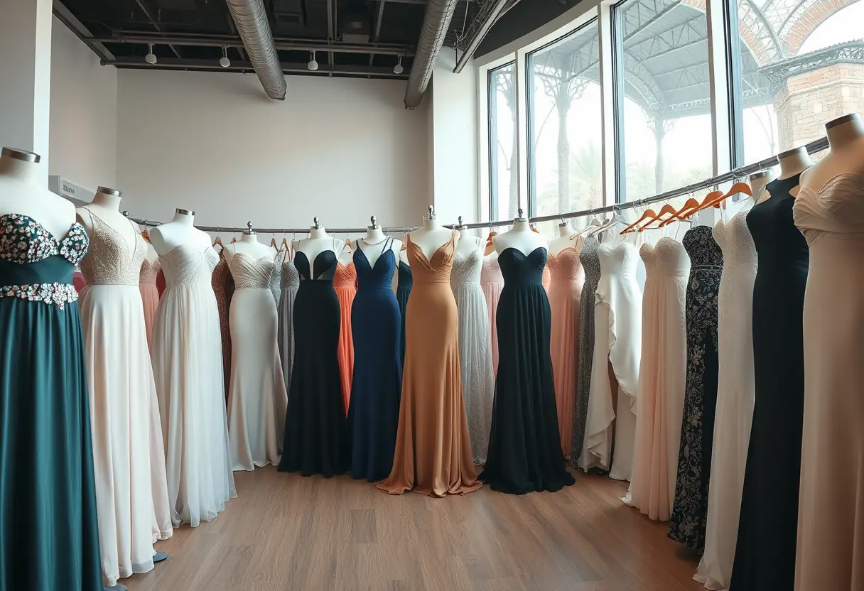 Vue d'ensemble d'un showroom présentant différentes robes de soirée