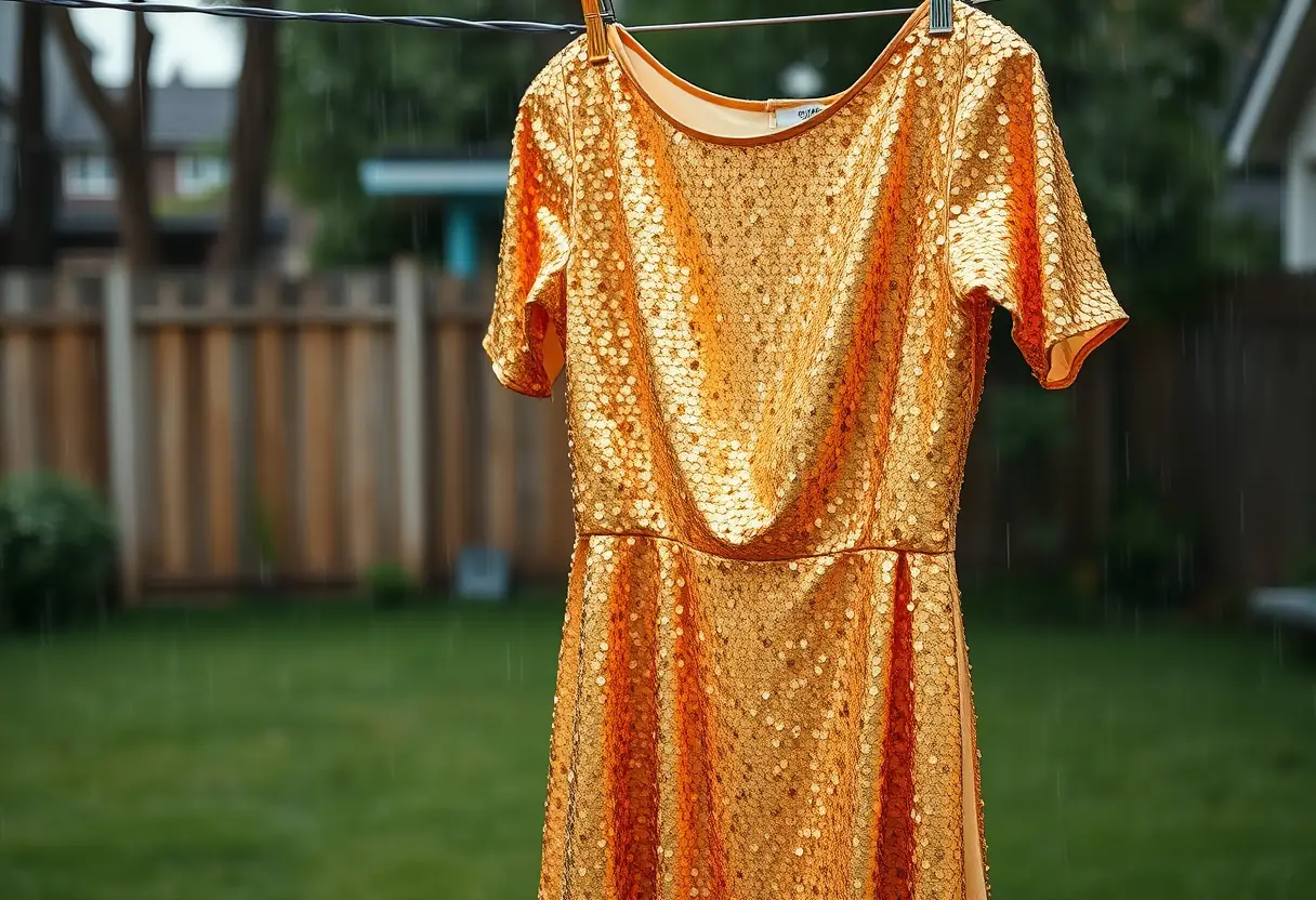 Une robe dorée ornée de sequins pend à une corde à linge dans un jardin, des gouttes d'eau brillent sur le tissu après un léger orage