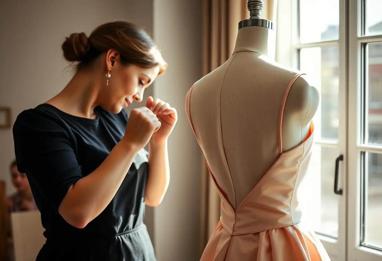 Une couturière ajuste une robe dos nu sur un mannequin, lumière naturelle filtrée par la fenêtre