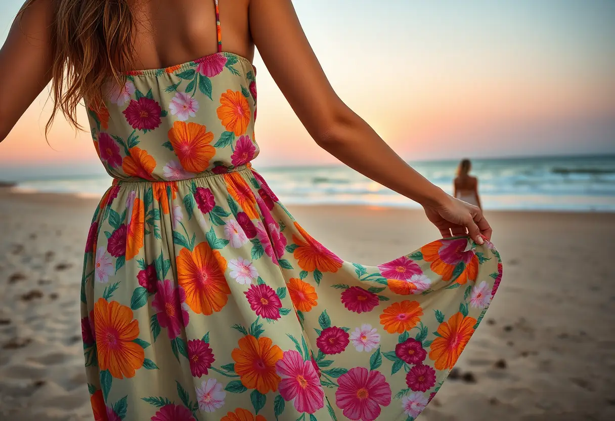 Une femme portant une robe légère aux motifs floraux sur un sable doré au coucher du soleil, La Robe Été 2025