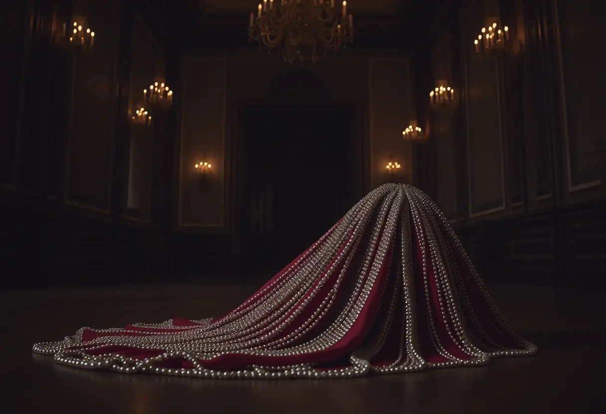 Une robe de bal élégante avec des perles et des strass scintillants s'étalant au sol dans une lumière tamisée