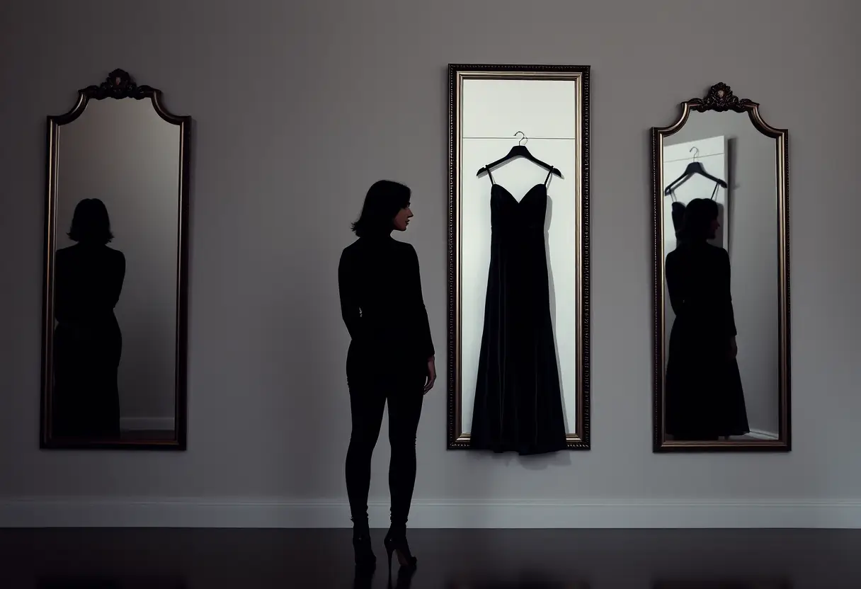 Silhouette d'une personne devant un miroir reflétant une robe de bal en velours