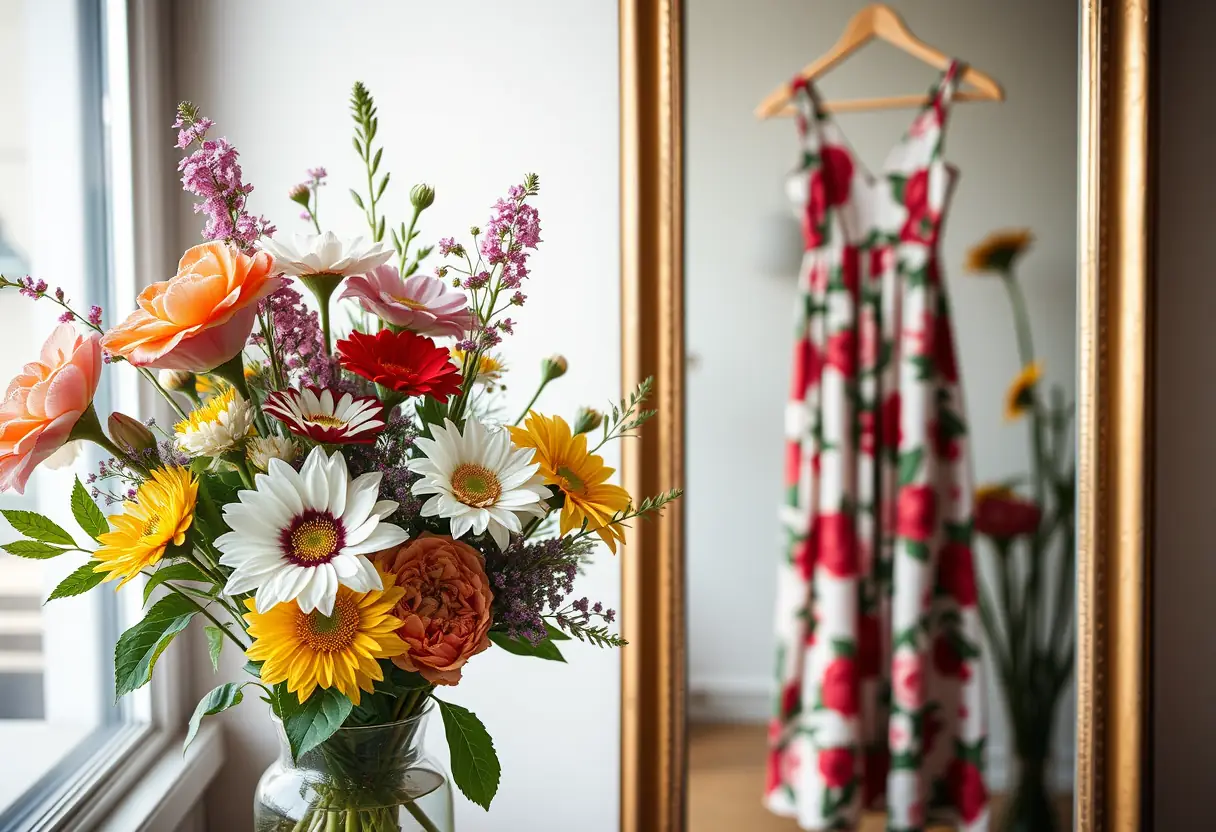 Floral dress next to a vase of flowers