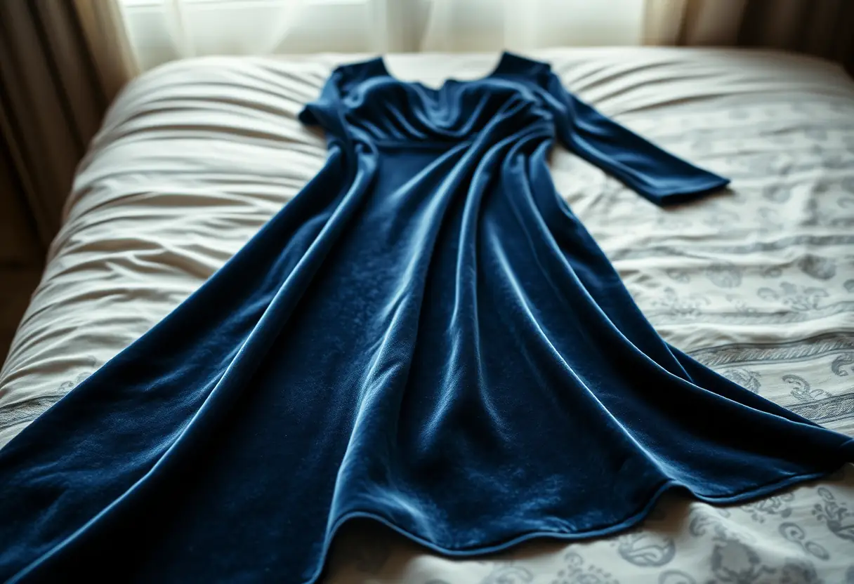 Un grand lit présentant une robe de soirée en velours sombre