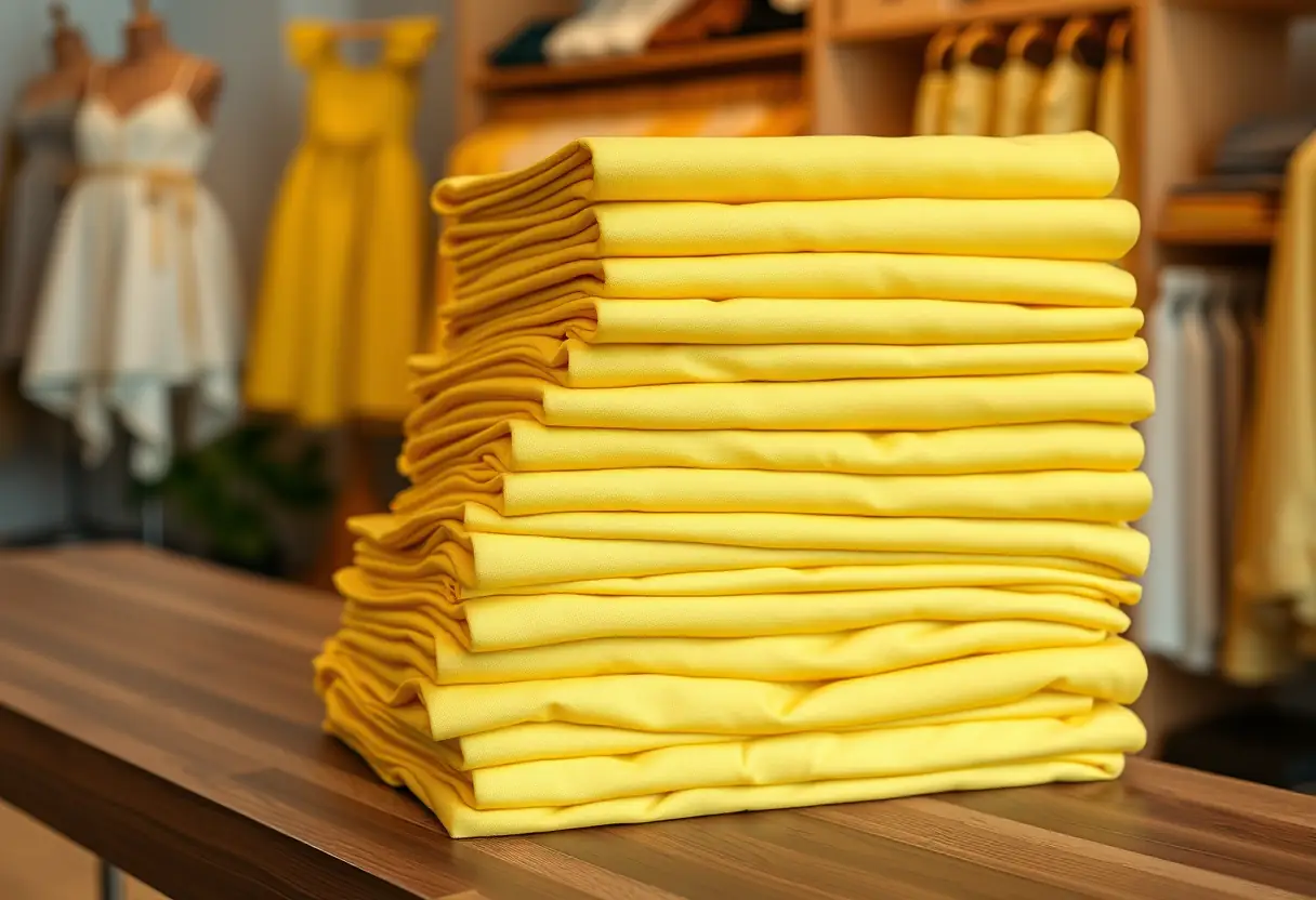 Un tas de robes jaunes pliées soigneusement sur une table en bois dans une boutique, sans texte, sans écriture, sans lettres, photographie éditoriale, lumière naturelle, photoréaliste