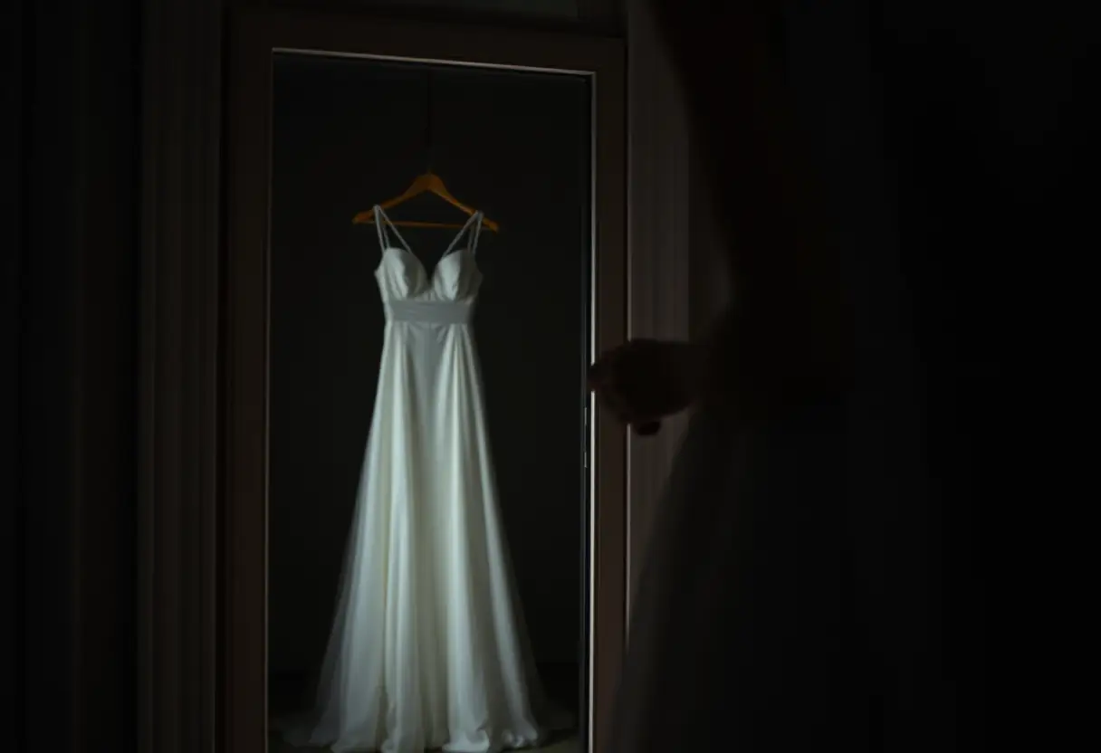 Une robe blanche reflétée dans un miroir de chambre à coucher