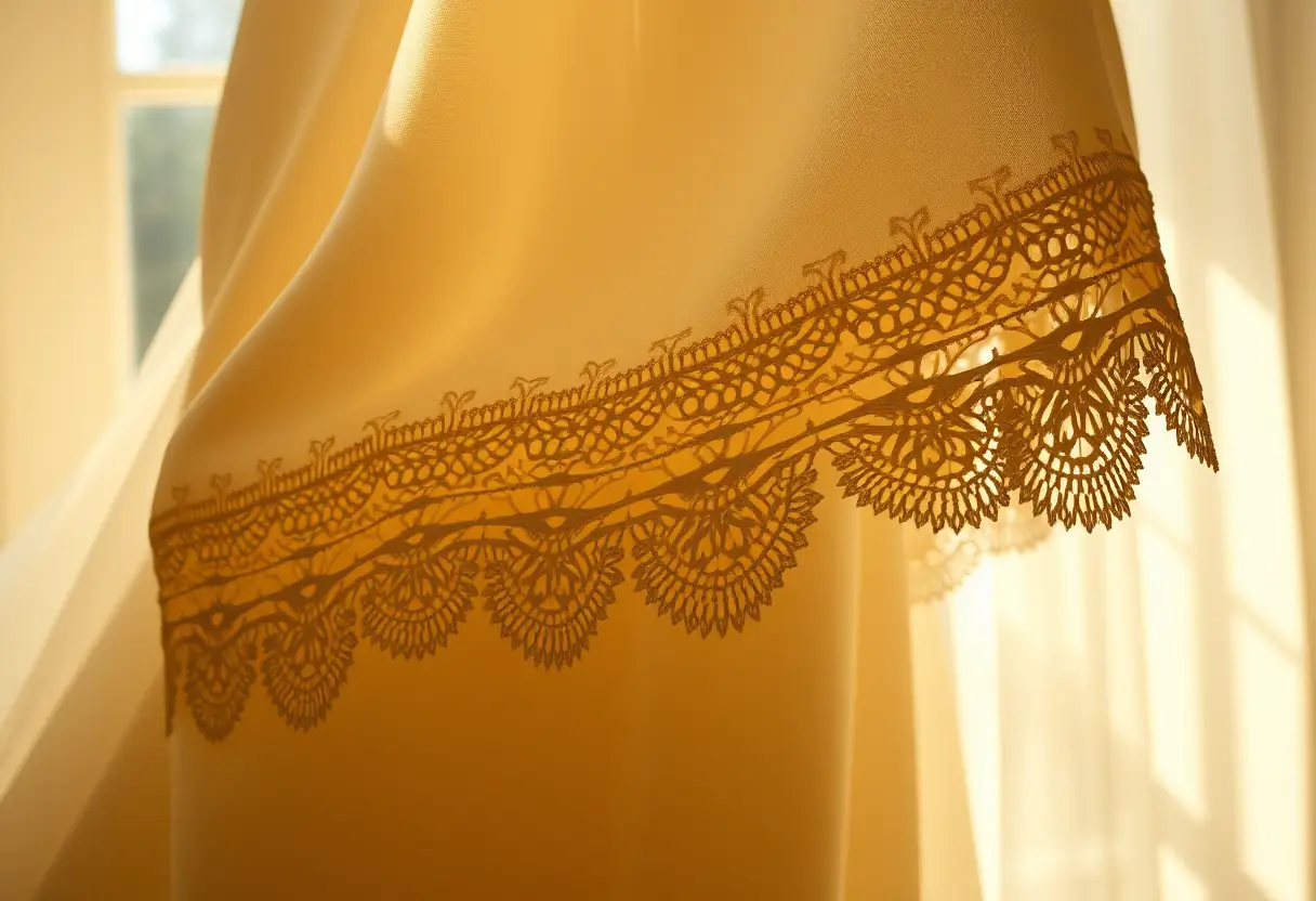 Un voile de dentelle complexe au bas d'une longue robe, éclairée par la lumière du jour