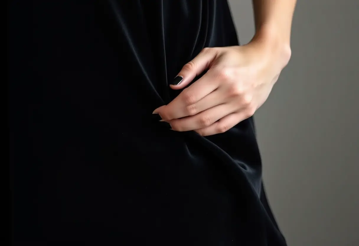 Une main lisse le tissu d'une robe de soirée en velours noir