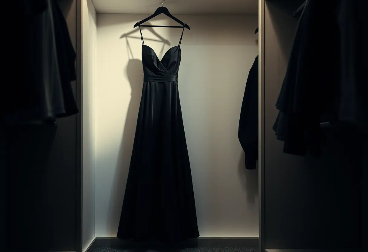 Vue d'une robe de soirée noire classique suspendue dans un placard