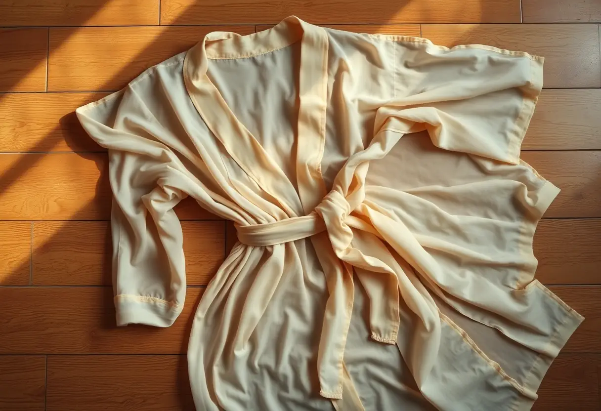 Vue aérienne d'une robe portefeuille en voile pliée sur un sol en bois
